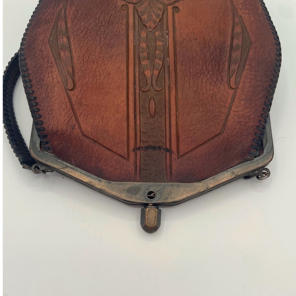 Vintage Tooled Leather Handbag Brown Art Nouveau Floral Embossed Frame Bag - Picture 9 of 12